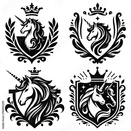 Unicorn emblems, black and white vector illustration, silhouettes with crowns, heraldic design