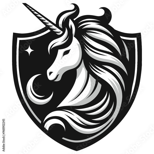 Black and white unicorn emblem, vector illustration, mythical icon, perfect for branding