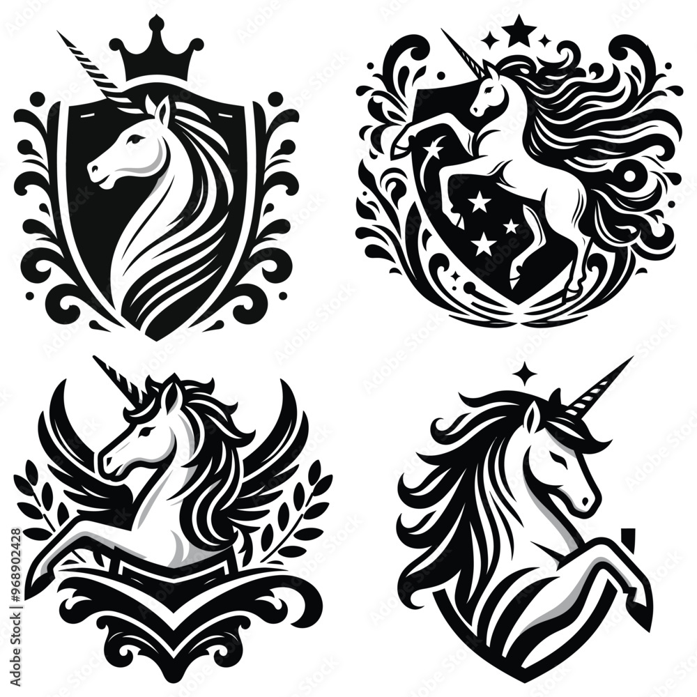 Fototapeta premium Heraldic unicorns in black and white vector illustrations, ideal for logo design and branding