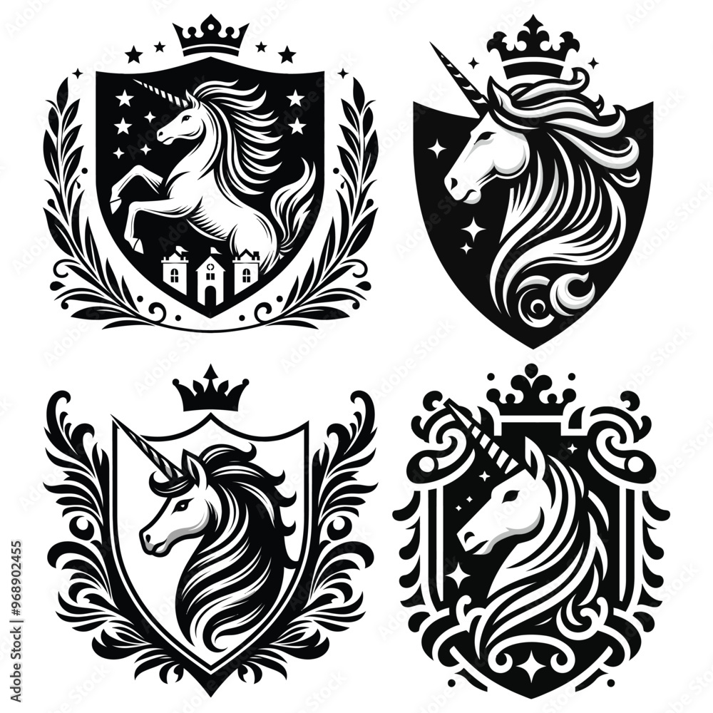 Fototapeta premium Heraldic unicorn emblem illustrations, black and white, vector art representing nobility and fantasy