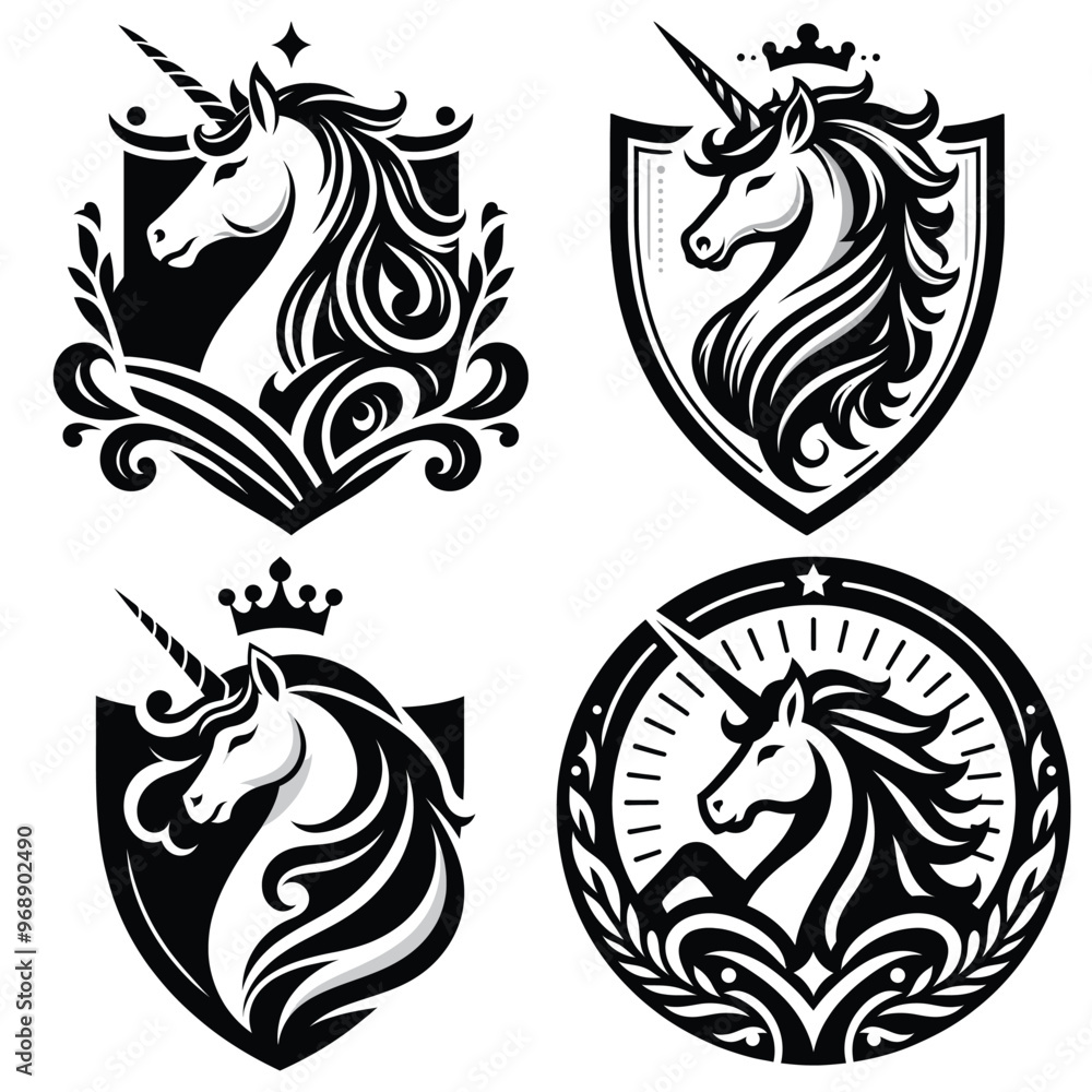 Elegant unicorn emblems in black and white vector style, heraldic symbols, logo and badge designs