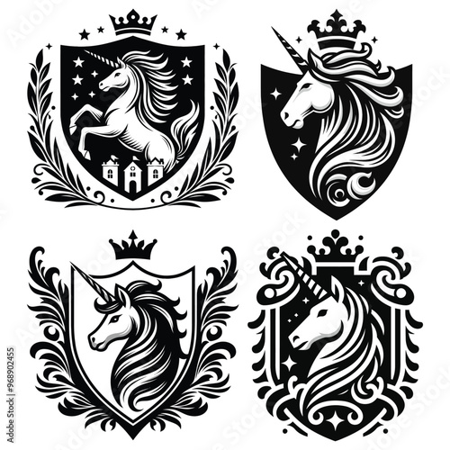 Heraldic unicorn emblem illustrations, black and white, vector art representing nobility and fantasy