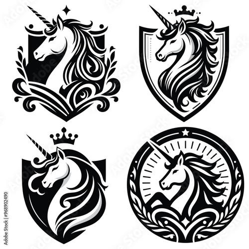 Elegant unicorn emblems in black and white vector style, heraldic symbols, logo and badge designs