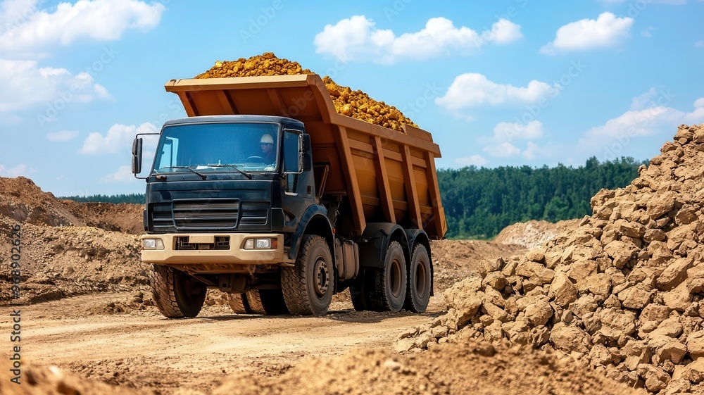 Mining trucks transporting raw materials from a gold mine, Gold mining, industrial transport, resource extraction Mining trucks transporting raw materials from a gold mine, Gold mining, industrial transport, resource extraction