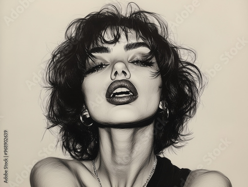 Vintage style portrait in black and white of a beautiful brunet woman in a sensual pose