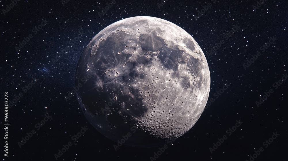 Close-up panoramic view of the moon, with its pockmarked surface clearly visible against a starry backdrop. No people. No logo. Close-up panoramic view of the moon, with its pockmarked surface clearly visible against a starry backdrop. No people. No logo.