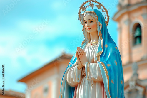 Statue of the Virgin Mary with blue robe praying outdoors near a church