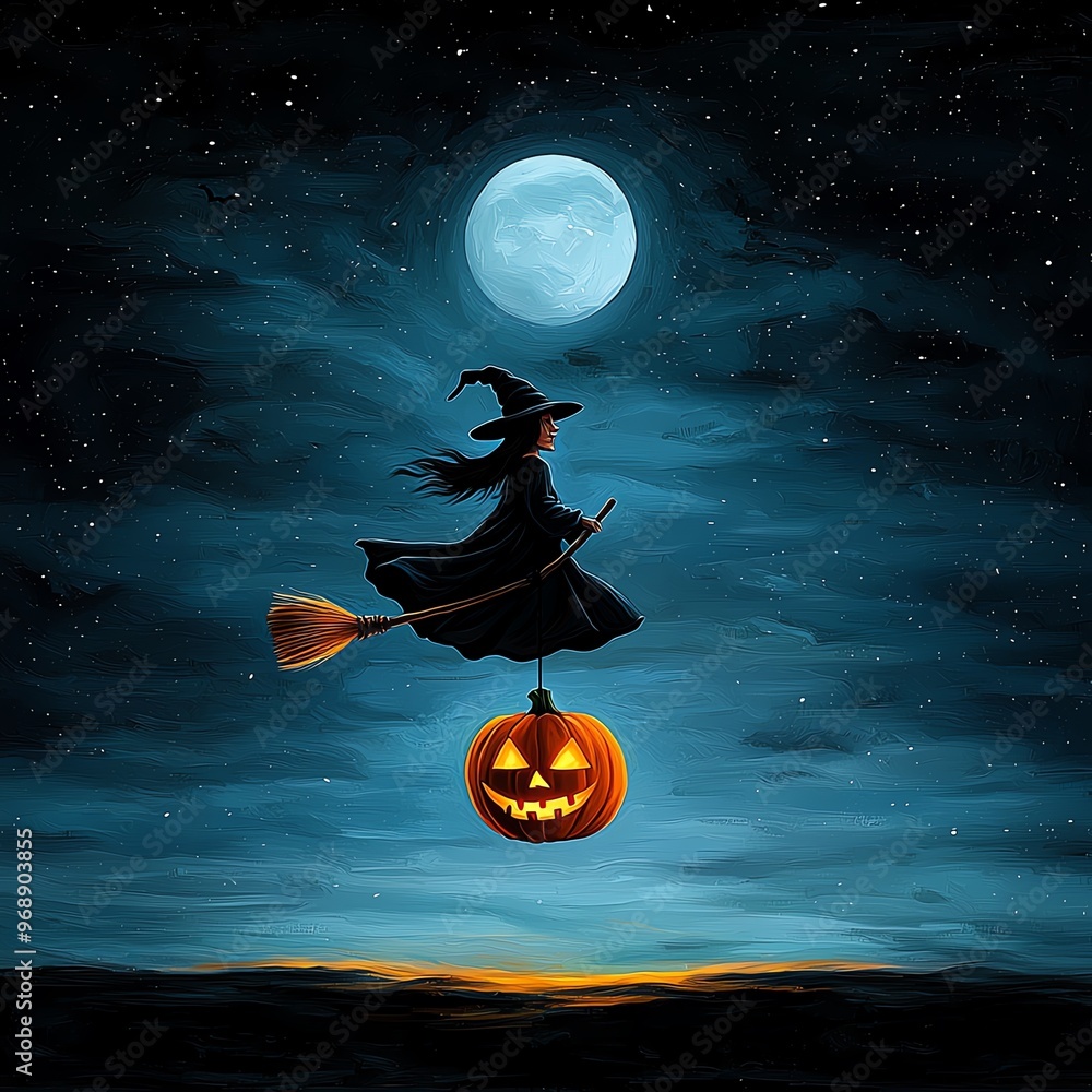 A witch flying on a broomstick with a pumpkin under the full moon in a ...