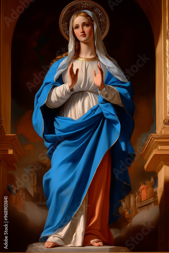 A serene depiction of the Virgin Mary standing with hands raised and draped in blue and white garments
