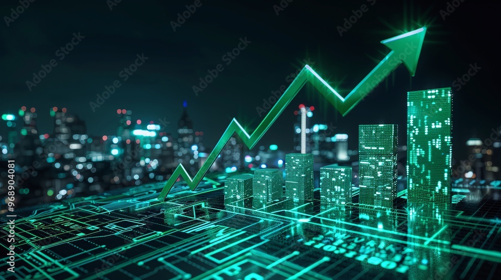 A digital representation of growth, featuring a rising chart over a futuristic cityscape with green accents and lights. A digital representation of growth, featuring a rising chart over a futuristic cityscape with green accents and lights.