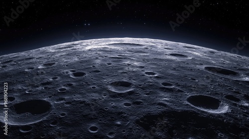 Panoramic image of the moonas surface, showcasing craters and mountains in sharp contrast against the dark sky. No people. No logo.