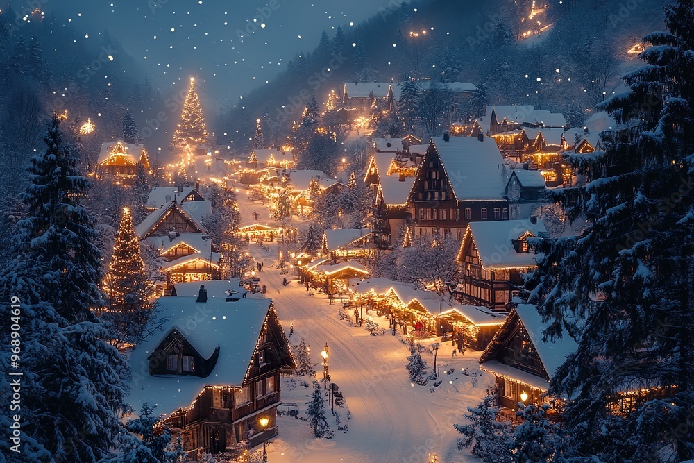 Obraz premium A cozy alpine village in Austria with snow covered rooftops twinkling holiday lights and a festive market