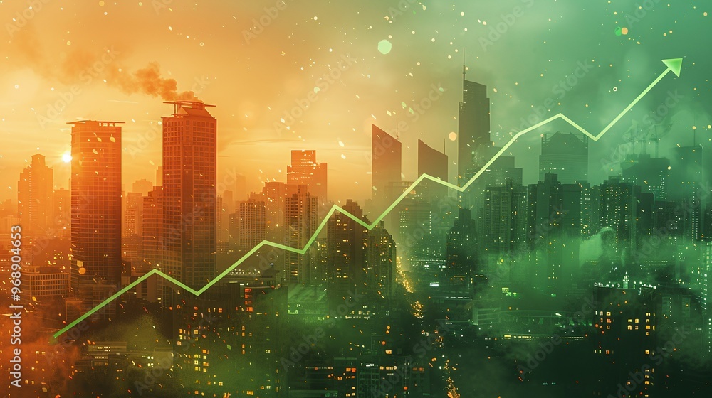 A dynamic urban landscape showcasing growth and progress with rising graphs against a backdrop of a vibrant city skyline. A dynamic urban landscape showcasing growth and progress with rising graphs against a backdrop of a vibrant city skyline.
