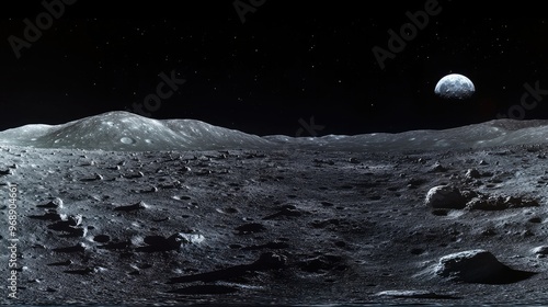 Panoramic shot capturing the moonas cratered landscape in great detail, set against the endless void of space. No people. No logo. photo