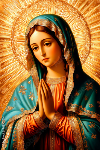 A depiction of the Virgin Mary praying with a radiant halo and wearing a blue cloak