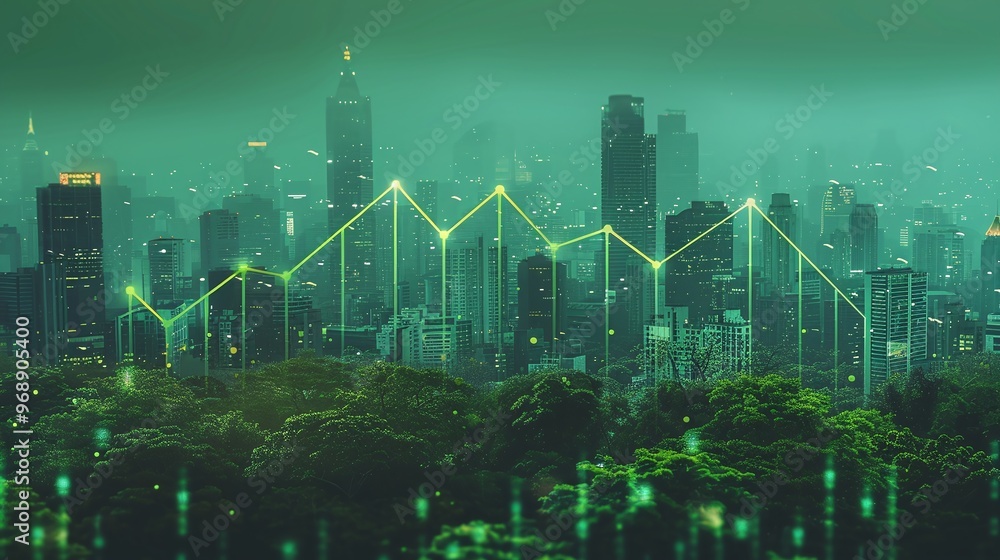 A futuristic cityscape with greenery and a glowing financial graph overlaying the skyline, symbolizing growth and innovation. A futuristic cityscape with greenery and a glowing financial graph overlaying the skyline, symbolizing growth and innovation.