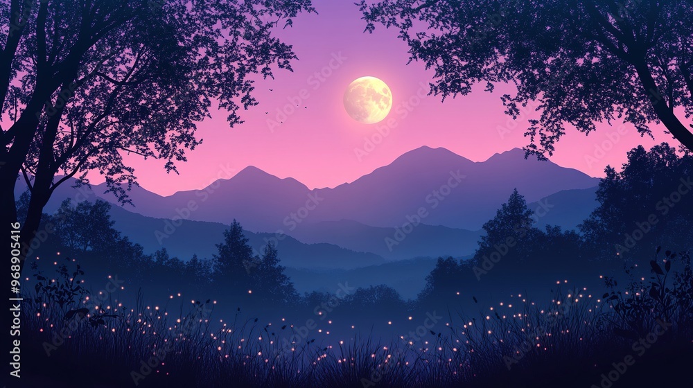 Fototapeta premium Dreamy full moon landscape over mountain range with glowing twilight sky