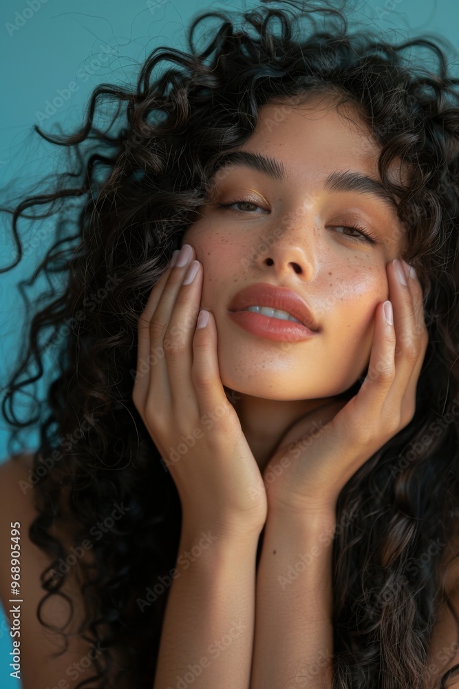Close-up of long curly-haired woman massaging cream, soft blue backdrop, hands on face, promoting hydration. Close-up of long curly-haired woman massaging cream, soft blue backdrop, hands on face, promoting hydration.