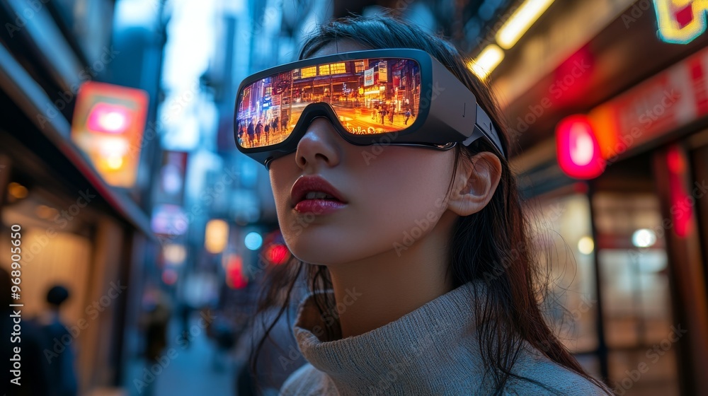 Augmented reality glasses providing real-time translation: A traveler wearing AR glasses that translate street signs or conversations. Augmented reality glasses providing real-time translation: A traveler wearing AR glasses that translate street signs or conversations.
