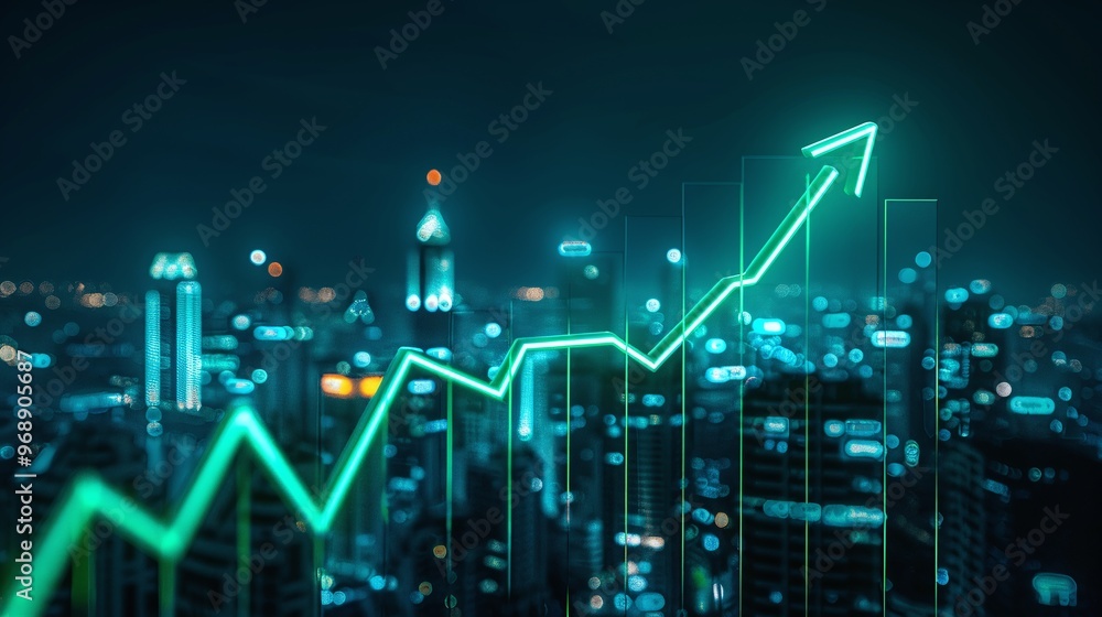 A glowing financial chart rises against a city skyline, symbolizing growth and success in business and investment opportunities. A glowing financial chart rises against a city skyline, symbolizing growth and success in business and investment opportunities.
