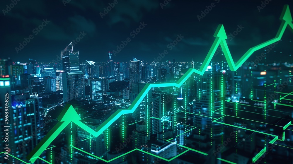 A modern city skyline illuminated with digital growth charts to represent financial success and progress in technology. A modern city skyline illuminated with digital growth charts to represent financial success and progress in technology.