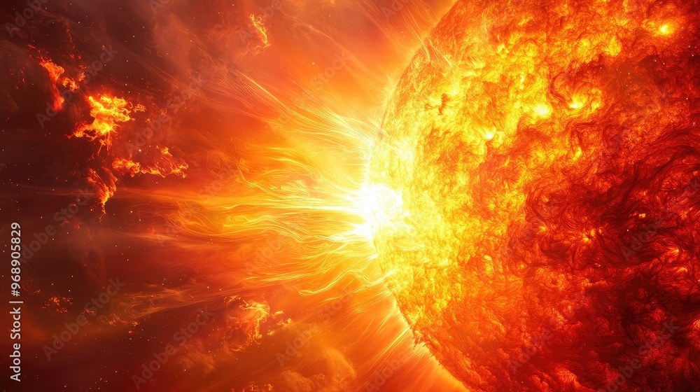 Wide panorama of the Sun, capturing its radiant corona and bright solar activity with intense colors. No people. No logo. Wide panorama of the Sun, capturing its radiant corona and bright solar activity with intense colors. No people. No logo.
