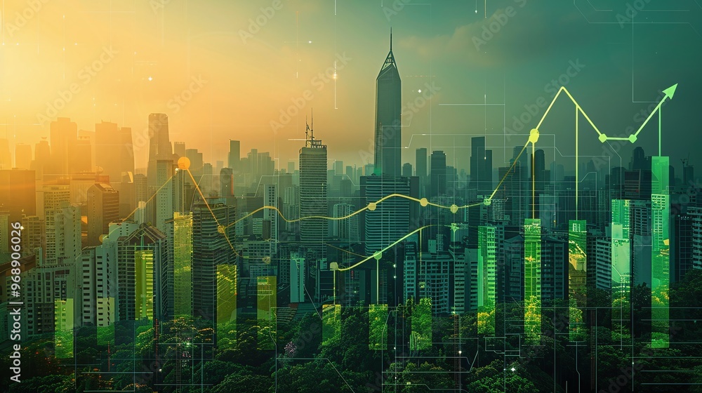 A modern cityscape with financial growth graphs, illustrating urban development and investment opportunities at sunset. A modern cityscape with financial growth graphs, illustrating urban development and investment opportunities at sunset.