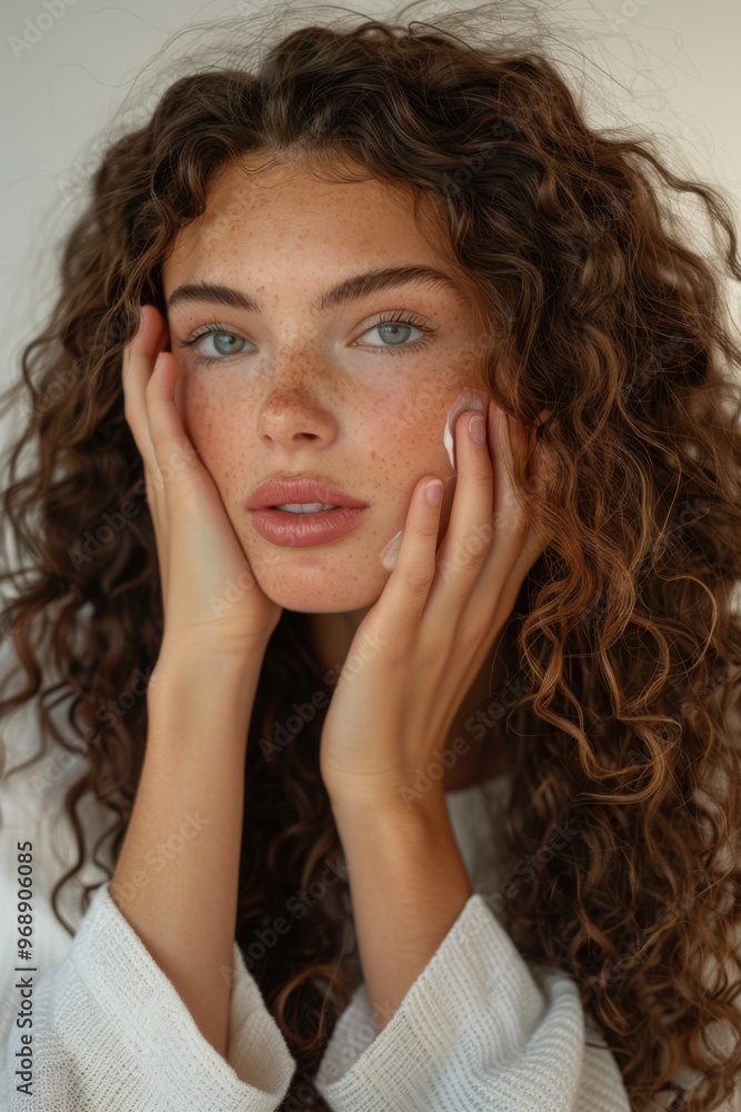 Close-up of long curly-haired woman applying cream to face, soft-focus light background, hands on face, promoting hydration. Close-up of long curly-haired woman applying cream to face, soft-focus light background, hands on face, promoting hydration.