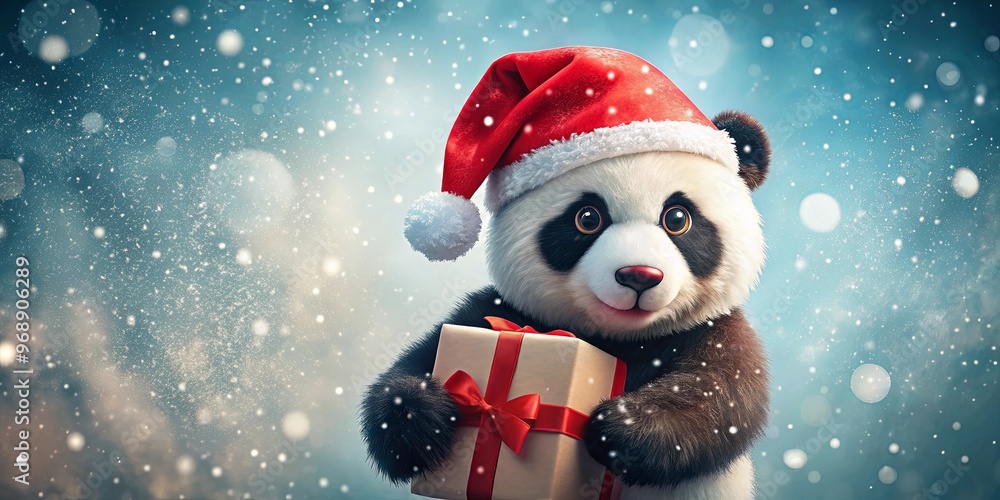 A cute panda holding a red gift box with a santa hat, with snow falling in the background A cute panda holding a red gift box with a santa hat, with snow falling in the background