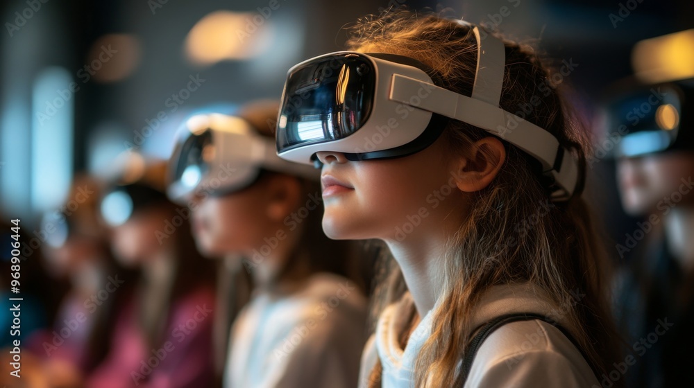 Augmented reality headsets used for immersive education: Students learning through AR, interacting with virtual objects. Augmented reality headsets used for immersive education: Students learning through AR, interacting with virtual objects.
