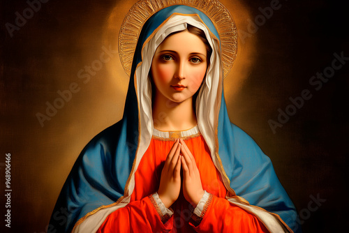 A depiction of Virgin Mary with a halo in a blue and red garment praying with her hands together on a golden background.