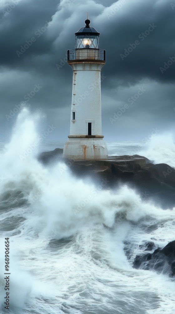 Lighthouse amidst stormy sea with crashing waves and dark clouds, maritime navigation concept Lighthouse amidst stormy sea with crashing waves and dark clouds, maritime navigation concept