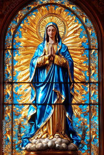 Stained glass depicting Virgin Mary in blue robe with golden halo