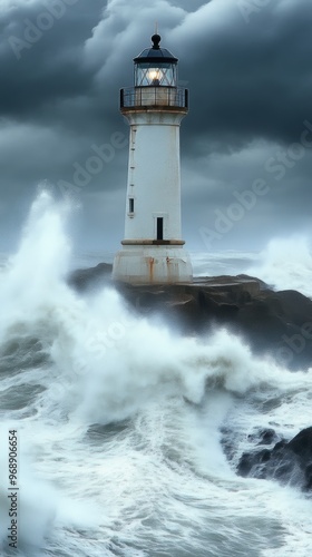 Lighthouse amidst stormy sea with crashing waves and dark clouds, maritime navigation concept