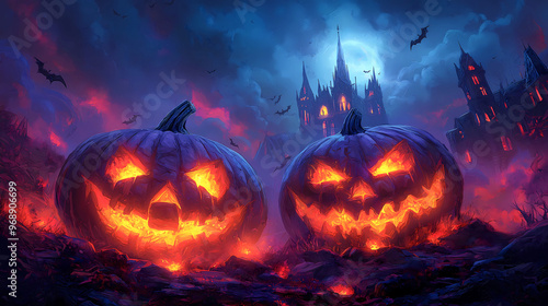 halloween pumpkins in the night, cursed or haunted castle in the background, autumn wallpaper