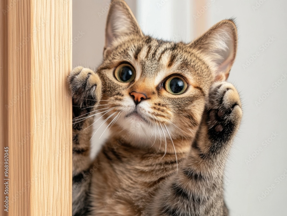 Fototapeta premium A cat scratching a door frame with its claws visibly engaged in destructive behavior.