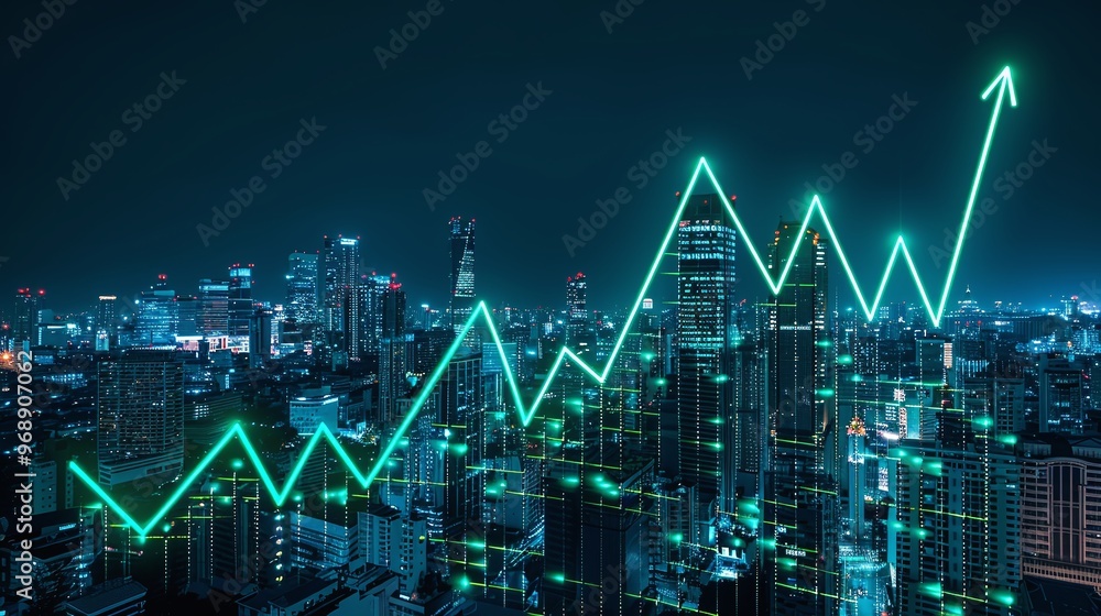 A vibrant city skyline featuring a glowing graph showcasing market growth and financial success against a night backdrop. A vibrant city skyline featuring a glowing graph showcasing market growth and financial success against a night backdrop.