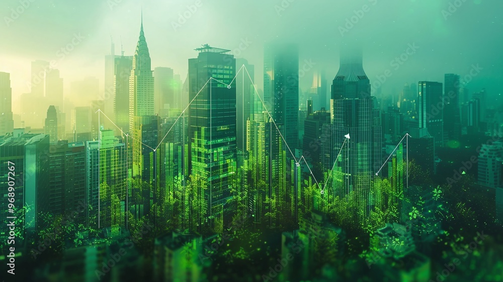 A vibrant city skyline illuminated by green hues, symbolizing urban growth and sustainability amidst foggy weather. A vibrant city skyline illuminated by green hues, symbolizing urban growth and sustainability amidst foggy weather.