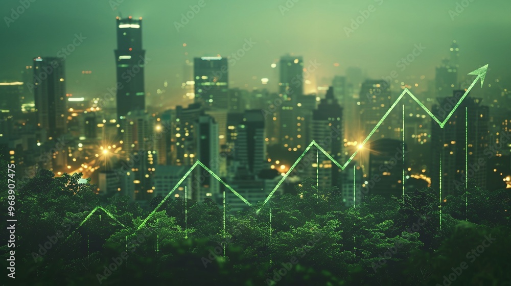 A vibrant city skyline with a green financial growth chart overlay, symbolizing urban development and prosperity. A vibrant city skyline with a green financial growth chart overlay, symbolizing urban development and prosperity.