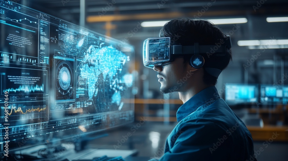 Augmented reality workspace with virtual monitors: A worker surrounded by virtual displays while working in an open space. Augmented reality workspace with virtual monitors: A worker surrounded by virtual displays while working in an open space.