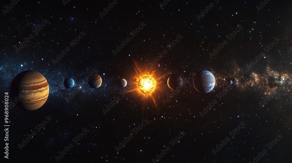 Wide panoramic image of the solar system, with the Sun and planets against a star-studded cosmic expanse. No people. No logo. Wide panoramic image of the solar system, with the Sun and planets against a star-studded cosmic expanse. No people. No logo.