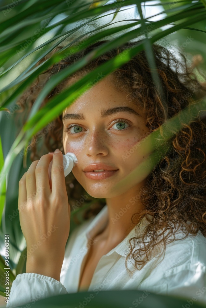 Close-up of natural beauty woman smoothing cream, botanical garden, birds chirping, promoting natural skincare, refreshing setting. Close-up of natural beauty woman smoothing cream, botanical garden, birds chirping, promoting natural skincare, refreshing setting.