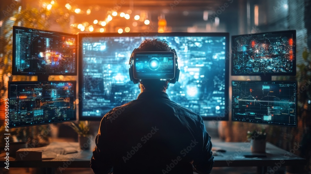 Augmented reality workspace with virtual monitors: A worker surrounded by virtual displays while working in an open space. Augmented reality workspace with virtual monitors: A worker surrounded by virtual displays while working in an open space.