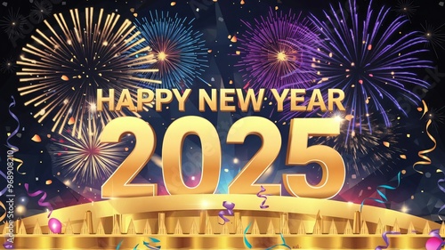 How about Happy New Year 2025 Greeting Card with Fireworks and Stars in a Festive Gold Design?