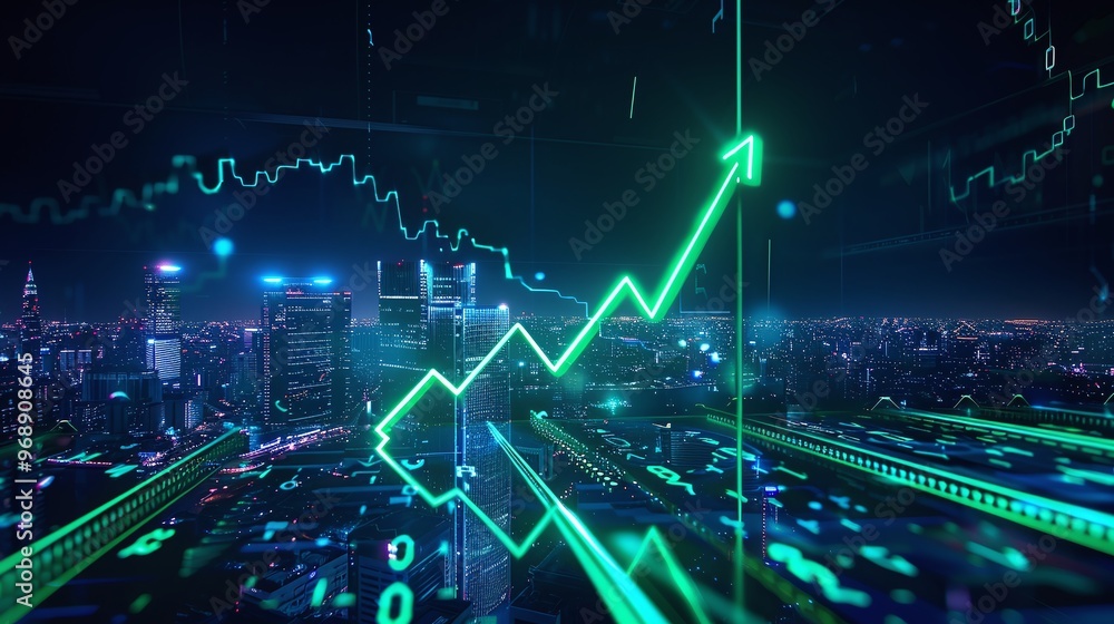 Abstract financial growth graph over a city skyline, symbolizing success and profit in a digital economy. Abstract financial growth graph over a city skyline, symbolizing success and profit in a digital economy.