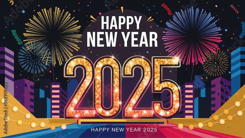 How about Happy New Year 2025 Greeting Card with Fireworks and Stars in a Festive Gold Design?