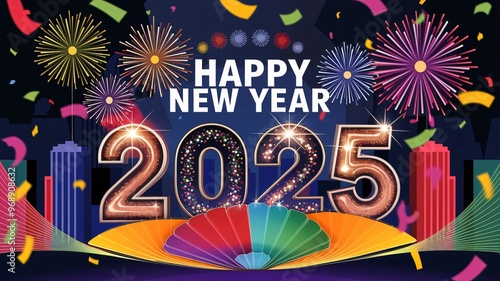 How about Happy New Year 2025 Greeting Card with Fireworks and Stars in a Festive Gold Design?
