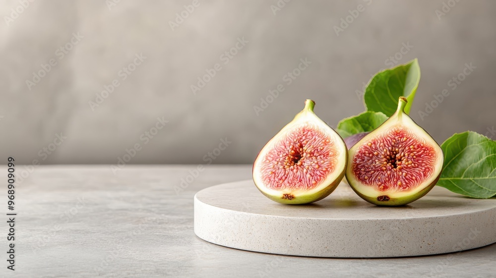 Fig elegantly displayed on a chrome golden podium with exquisite detailing, showcasing its rich color and delicate texture in a luxurious setting. Fig elegantly displayed on a chrome golden podium with exquisite detailing, showcasing its rich color and delicate texture in a luxurious setting.