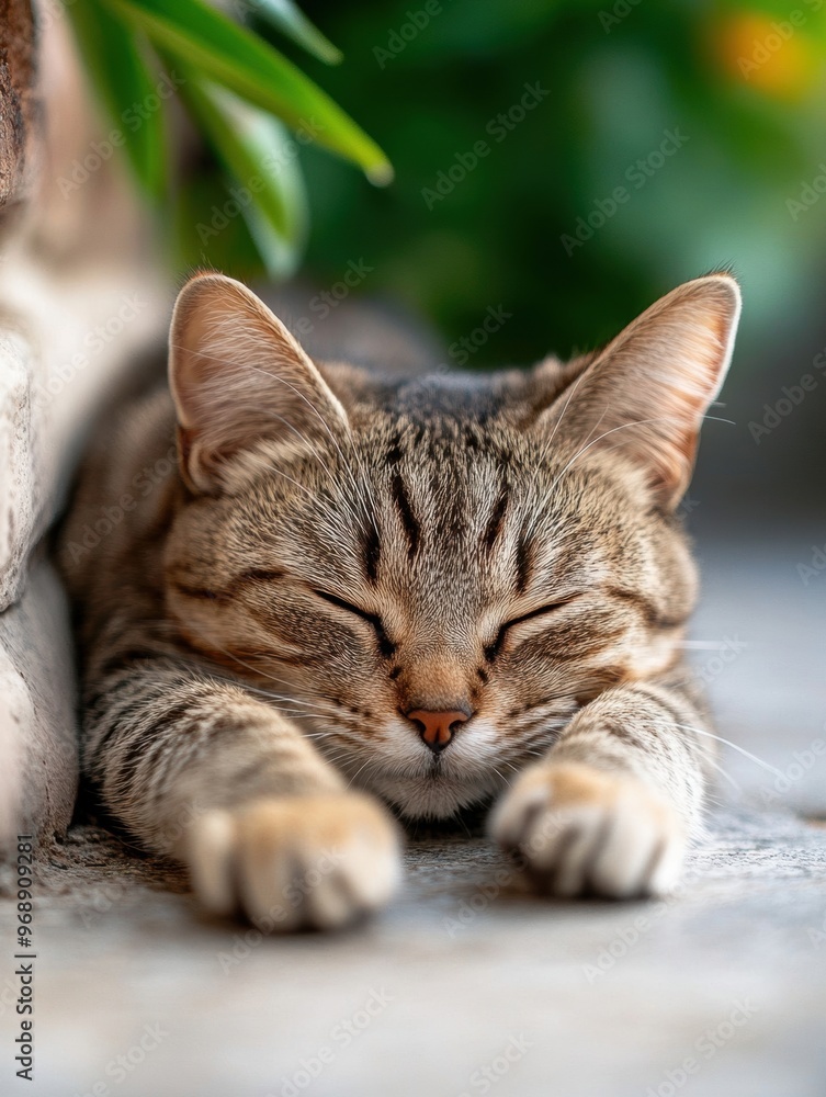Fototapeta premium A cat stretching after a nap, with claws extended, showcasing its natural behavior. 
