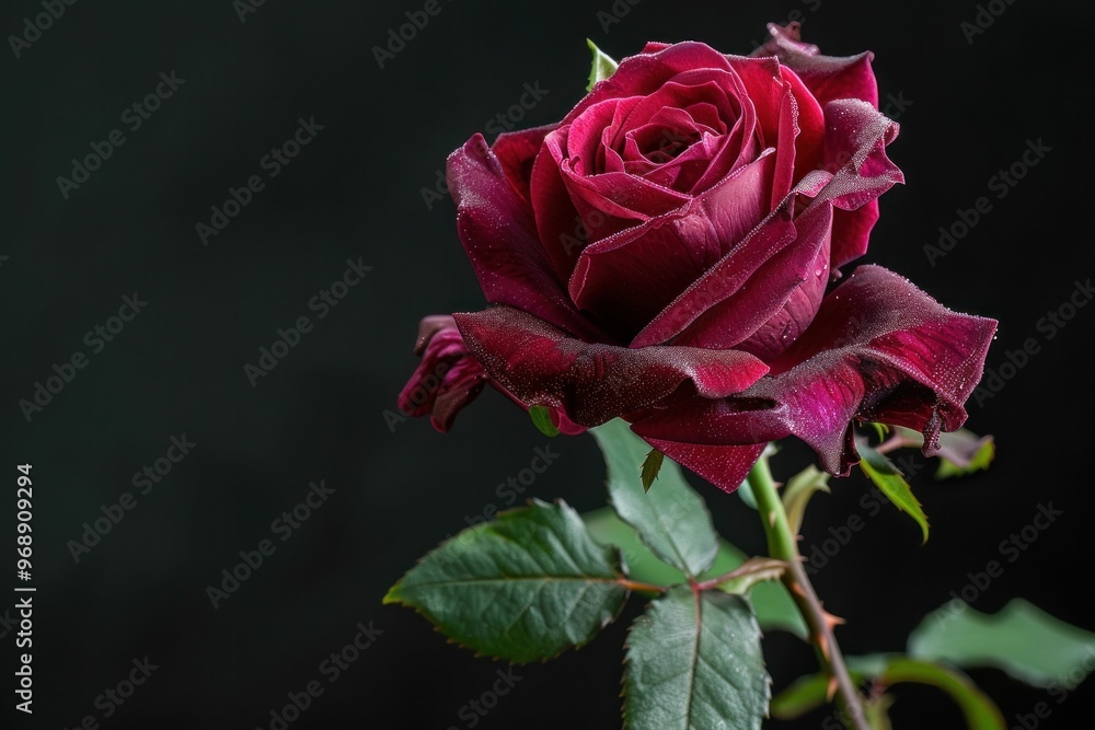 Naklejka premium Close up of a red rose on a dark background showcasing its petals and leaves